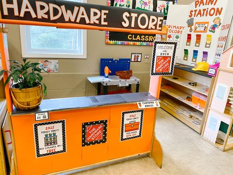 Hardware Store Dramatic Play Center Dramatic Play House Ideas, Buildings Dramatic Play Preschool, Construction Theme Dramatic Play, Creative Curriculum Building Study Dramatic Play, Dramatic Play Mail Center Preschool, Preschool Auto Shop Dramatic Play, Construction Dramatic Play Preschool, Setting Up Dramatic Play Center, Hardware Store Dramatic Play