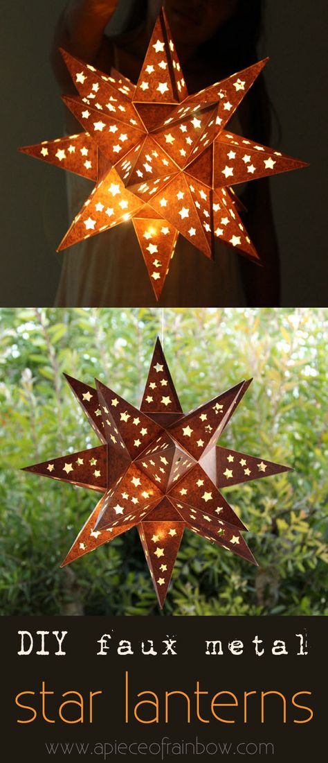 This enchanting and rusty "metal" star lantern is made with... paper! Easy tutorial with free printable template to make your own! Diy Lantern, Paper Star Lanterns, Star Lantern, Deco Marine, Diy Outdoor Lighting, Diy Star, Lantern Ideas, Star Lanterns, Metal Star