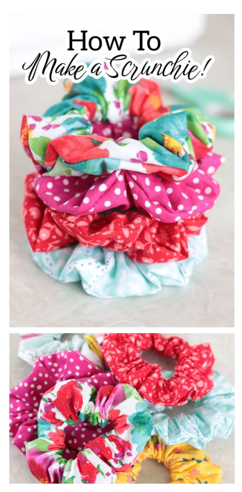 How to make a scrunchie in 10 minutes! This step-by-step tutorial will have you making fabric scrunchies like a pro! Sewing Hair Scrunchies Free Pattern, Fabric Scrunchies How To Make, Sewing Projects Scrunchie, No Sew Hair Scrunchies, How To Make Hair Scrunchies Patterns, Easy Hair Scrunchies Diy, How To Make Hair Scrunches, Diy Scrunchies Tutorials No Sew, Easy Scrunchie Sewing