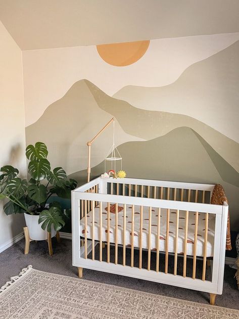 Nursery With Mountain Mural, Jungle Nursery Accent Wall, Diy Wall Art Nursery, Nursery Room Mountains, Sage Green Mountain Nursery, Green Mountain Mural Nursery, Mountain Nursery Diy, Nursery Decor Mountains, Green Nursery Mural