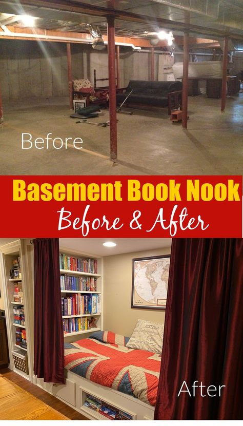 Finding practical places for walls in this basement refinishing was tricky, until we realized that the odd recess we had created would make the perfect spot for a secret reading nook! Basement Reading Nook, Basement Refinishing, Finished Basement, Book Nook, The Basement, Finishing Basement, Book Nooks, Reading Nook, Nook