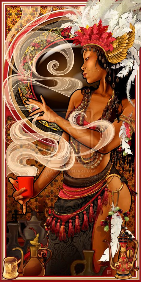 Goddess of Coffee by echo-x.deviantart.com on @deviantART - Eleventh in a series of posters for Buford Highway Farmer's Market (a world famous gourmet grocer) in Atlanta, Georgia. Orishas Yoruba, Oh My Goddess, Belek, Tableau Art, Goddess Art, Afro Art, African American Art, Black Women Art, Gods And Goddesses