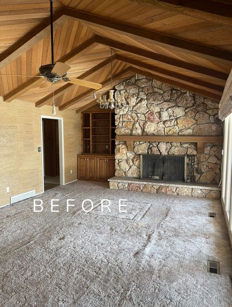 Family Room with Wood Ceiling- Utah Ranch Home - Nesting With Grace 1960s Ranch House Remodel, Ranch House Living Room, Ranch Style Home Remodel, Off Center Fireplace, Utah Ranch, 1960s Home Remodel, Rustic Family Room, Mountain Home Interiors, Home Decor Industrial