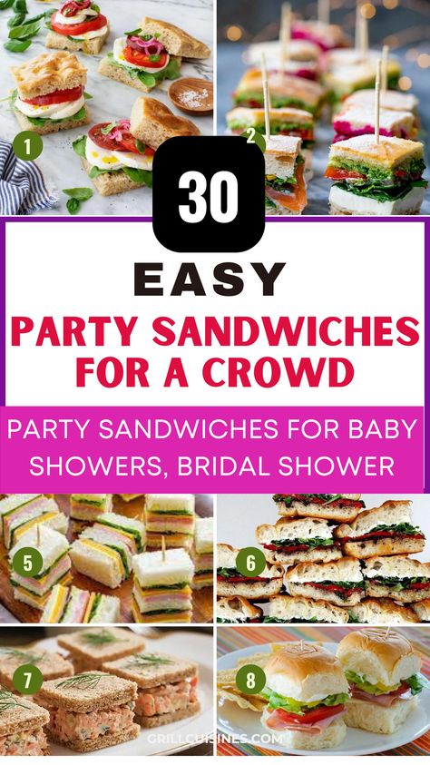 "Discover 30 easy finger sandwiches perfect for feeding a crowd! From classic cucumber sandwiches to gourmet turkey sliders, these make-ahead mini sandwiches are ideal for any gathering. Perfect for party platters, picnics, bridal showers, baby showers, or casual get-togethers, picnic, tea party. these Party Finger Sandwiches will keep your guests satisfied and coming back for more. Easy Party Sandwiches, Sandwich For Party, Party Finger Sandwiches Sandwiches For A Crowd Family Gatherings, Making Sandwiches For Party, Appetizer Mini Sandwiches, Cheap Party Sandwiches, Fall Sandwiches Party, Best Sandwiches For A Crowd, Sandwiches For Ladies Luncheon, Fancy Sandwiches Ideas Lunches, Finger Food Tea Party