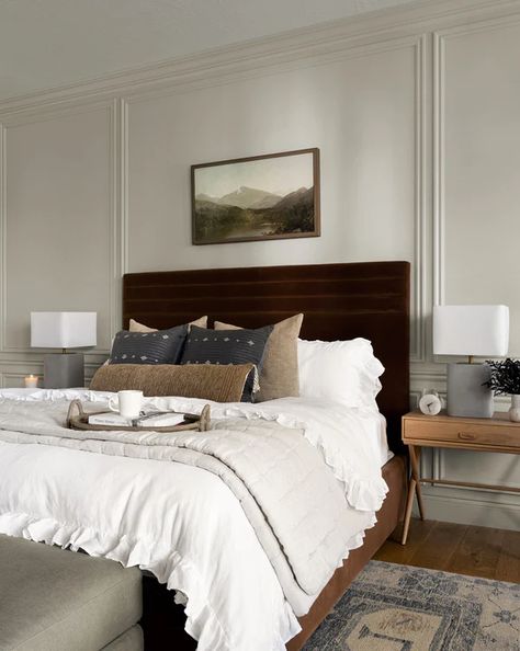 Tan Navy Bedroom, Navy Rug Bedroom, Modern Ranch Interior, Blue And Brown Bedroom, Dark Wood Headboard, Dark Wood Bed, Sf Apartment, Basement Room, Bedroom Makeovers