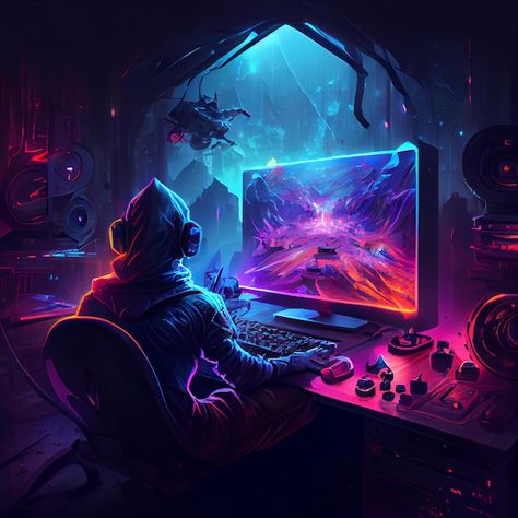 Gamer playing on desktop pc computer gam... | Premium Photo #Freepik #photo #play-computer #geek #gaming #game Evolution Of Video Games, Gaming Illustration, Pc Photo, Club Decor, Photo Games, Best Gaming Wallpapers, Computer Gaming, Cyberpunk Character, Gaming Headphones