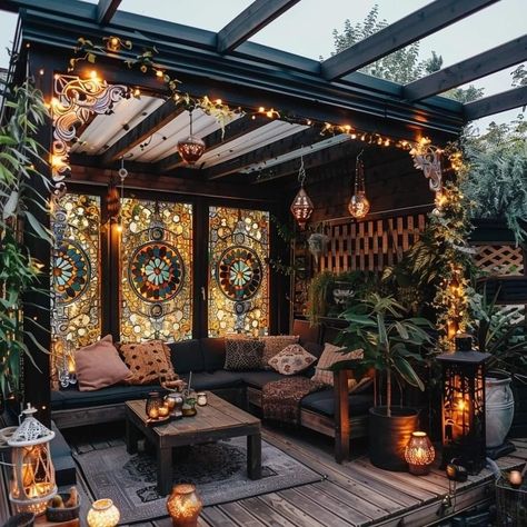 Bohemian Gazebo Ideas, Gothic Balcony Ideas, Dark Academia Patio, Witchy Patio Ideas, Dark Patio Ideas, Cozy Gazebo Ideas, Goth Patio, Witchy Patio, Whimsical Sunroom