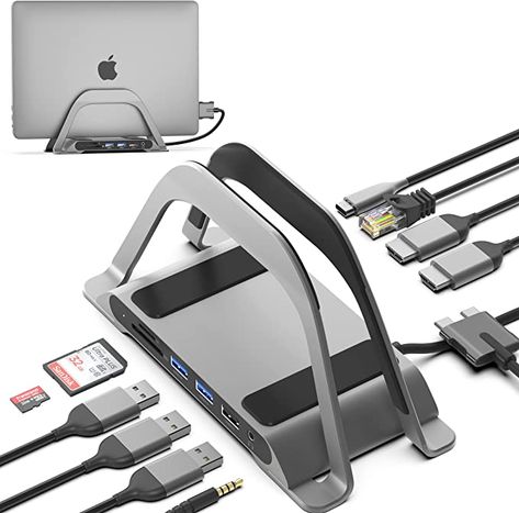 Laptop Docking Station Setup, Macbook Pro Desk Setup, Macbook Pro Setup, Vertical Monitor, Dual Monitor Desk, Macbook Stand, Laptop Docking Stations, Mac 10, Mac Setup