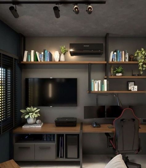 Office Ideas For Men With Tv, Home Computer Room Ideas, Dark Adecamia Room, Small Gaming Office Ideas, Modern Masculine Bedroom Ideas, Home Office For Men Modern, Ideas Cuarto Hombre, Gaming Office Setup, Home Office With Tv