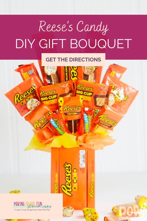 A candy bouquet made with all different kinds of wrapped Reese's candy. Candy Gifts For Boyfriend, Cute Candy Gifts, Reeses Candy, Reese's Chocolate, Candy Bouquet Diy, Valentine Bouquet, Peanut Butter Candy, Chocolate And Peanut Butter, Birthday Bouquet