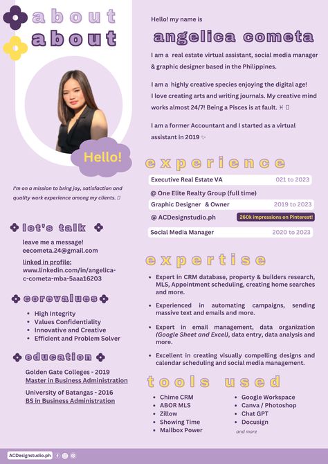 Hi! Here is my resume sample! I made this in Canva! Message me if you want to use my templates. I can give you my link! #canva #canvalove #resumedesign #resume #virtualassistantresume #graphicdesignresume Virtual Assistant Resume Sample, Virtual Assistant Resume, Cute Resume, Link Cute, Resume Sample, Graphic Design Resume, Resume Design Template, Resume Design, Quality Work