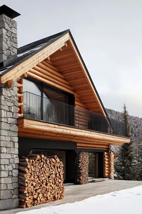 Modern log house in the mountains with a stone fireplace and firewood storage. Check out and drool over all of these enchanting mountain homes with stone fireplaces–the ultimate cozy and rustic retreats. Mountain House Exteriors Rustic, Modern Log Cabin Exterior, Modern Log Home Interiors, Modern Log Cabins Exterior, Mountain House Exteriors, Log Cabins Exterior, Cozy Mountain Home, Modern Log House, Log Cabin Interior Design