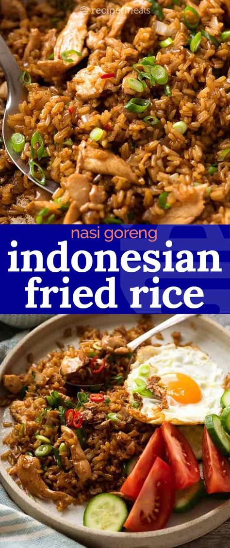 Nasi Goreng is the popular Indonesian fried rice which is traditionally served with a fried egg. The dark brown colour from the sauce distinguishes it from other Asian fried rice dishes. It’s a simple recipe, you won’t need to hunt down any unusual ingredients, and it’s one of my favourite Indonesian foods! Indonesian Fried Rice Recipe, Asian Fried Rice, Nasi Goreng Recipe, Indonesian Fried Rice, Fried Rice Dishes, Asian Rice, Kecap Manis, Fried Rice Recipe, Indonesian Food