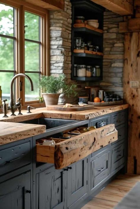 27 Kitchen Makeover Ideas That Transform Ordinary Spaces Into Masterpieces | DIY Vibes Rustic Kitchen Design, Cabin Kitchens, Rustic Farmhouse Kitchen, Dark Kitchen Cabinets, Furniture Kitchen, Counter Tops, Rustic Cabin, Kitchen Makeover, Repurposed Furniture