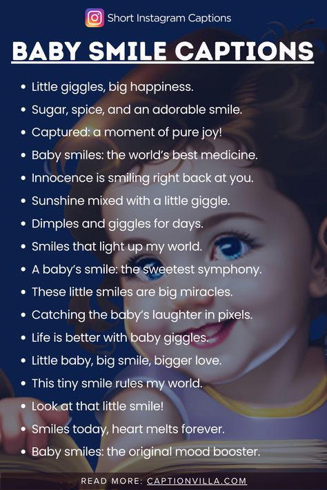 Baby Smile Captions for Instagram: Adorable Grins that Melt Hearts! Spread the baby joy with captions that add sweetness to your posts. Caption For Photography, Baby Smile Captions, Baby Photo Captions Instagram, Modest Captions, Baby Smile Quotes Instagram, Baby Ig Story Ideas, Innocent Captions For Instagram, Parents Captions Instagram, Kid Captions For Instagram