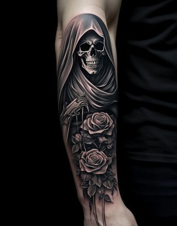 La Santa Muerte Tattoo, La Muerte Tattoo, Grim Reaper Tattoo, Aztec Tattoo Designs, Reaper Tattoo, Rose Tattoos For Men, Skull Sleeve Tattoos, More Tattoo, Cool Arm Tattoos