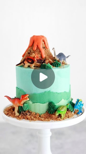 Dinosaur Birthday Cake With Volcano, Dinosaur And Volcano Cake, Dinosaur Lava Cake, Dino Cake With Volcano, Dinosaur Sprinkle Cake, How To Make A Volcano Cake, How To Make Dinosaur Cake, Paw Patrol Dino Rescue Cake, Dinosaur Volcano Birthday Cake