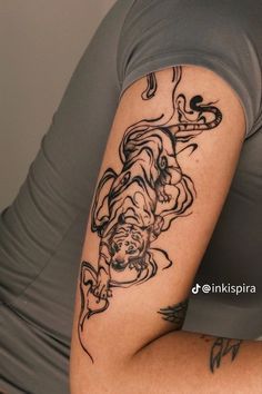 Leo Tiger Tattoo, Knee Tiger Tattoo, Tiger Henna Tattoo, Large Delicate Tattoo, Tiger Tattoo Calf, Cool Tattoos For Women Arm, Unique Strength Tattoo Ideas, Elegant Tiger Tattoo, Tiger Tattoo Aesthetic