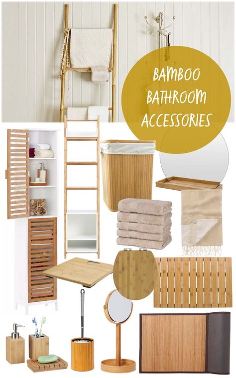 natural looking bamboo bathroom accessories mood board, products from affiliate partners Bamboo Accessories Bathroom, Bamboo Bathroom Storage, Bamboo Decor Bathroom, Bathroom Ideas Bamboo, Bathroom Decor Bamboo, Bamboo Bathroom Vanity, Bathroom Bamboo Decor, Bamboo Bathroom Ideas, Buddha Bathroom