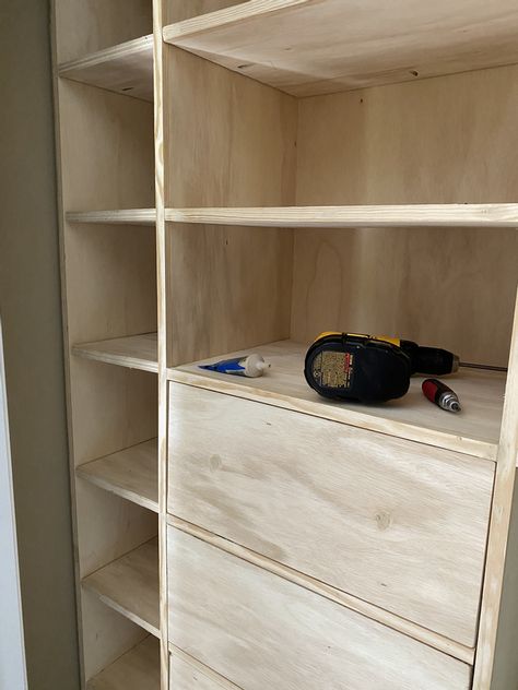 How To Build A Built In Dresser, Build Dresser Into Closet, Walk In Closet System Diy, Diy Closet Built Ins How To Build, Diy Closet Dresser, How To Build Drawers, Small Closet Built Ins Diy, Diy Bedroom Closet Shelves, Small Walkin Closet Ideas Diy