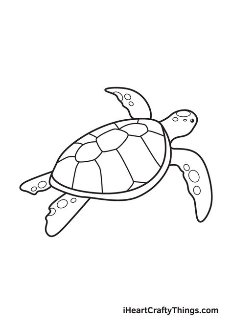 Sea Turtle Drawing — How To Draw A Sea Turtle Step By Step Drawing A Sea Turtle, Turtle In Ocean Drawing, Hawaiian Drawings Easy, Simple Sea Turtle Drawing, Cute Drawings To Trace, Hawaii Drawing Easy, Beach Animals Drawing, Line Drawing Turtle, How To Draw A Sea Turtle