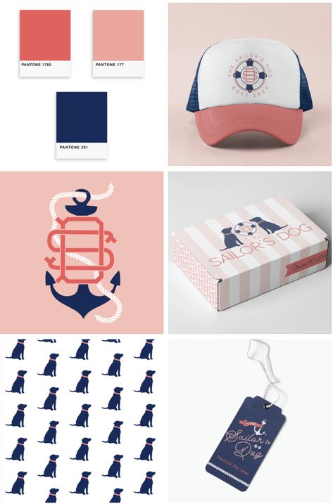 Coral and Navy Logo and patterns Nautical Branding Design, Nautical Design Graphic, Preppy Logo Design, Preppy Branding, Logo Mer, Nautical Branding, Nautical Graphic Design, Surf Branding, Dog Preppy