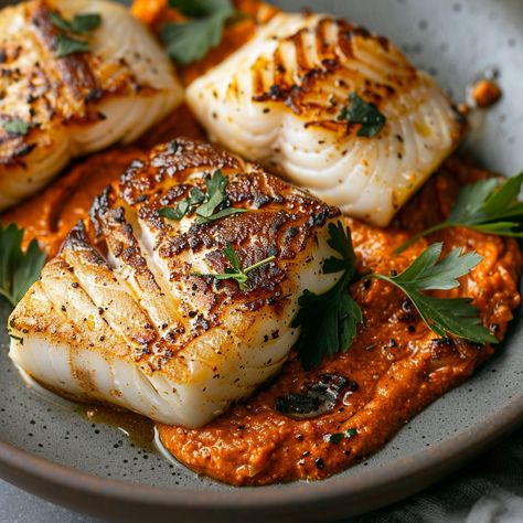 Perfectly Grilled Cod with Homemade Romesco | The Fish Society Romesco Sauce Fish, Fish Recipes Italian, Fish Vegetables Recipes, Fish Family Meals, Crusted White Fish Recipes, Fish Entree Recipes, Sundried Tomato Fish Recipes, Fish And Fruit Recipes, Weeknight Fish Dinner