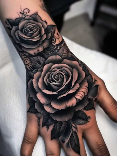 29 Traditional Rose Tattoo Designs for Timeless Personal Expression 8 Hand Tattoo Cover Up, Traditional Rose Tattoo, Herren Hand Tattoos, Cover Up Tattoos For Women, 42 Tattoo, Best Cover Up Tattoos, Full Hand Tattoo, Wrist Tattoo Cover Up, Rose Hand Tattoo