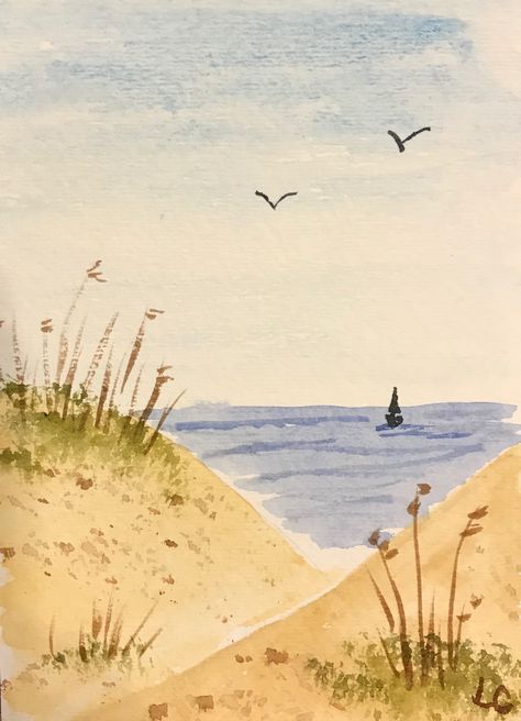 Watercolor Painting Easy Ideas, Watercolor Art Beach Simple, Beach Watercolor Paintings Simple, East Watercolour Painting, Easy Things To Watercolor, Simple Beach Drawings, Easy Beach Painting For Beginners, Watercolor Art Simple, Nature Watercolor Paintings