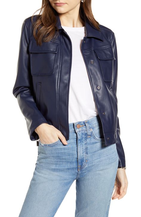 Blue Leather Jacket Outfit, Navy Leather Jacket, Blue Leather Jacket, Pu Jacket, Something Navy, Lace Up Espadrilles, Leather Jacket Outfits, Long Sleeve Blouse Pattern, Navy Jackets