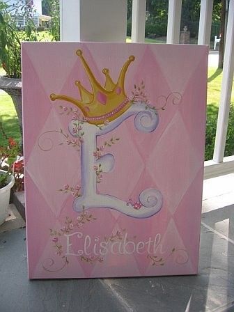 Baby girl name Canvas Art For Nursery, Letter Canvas Painting Initials, Baby Girl Painting Ideas, Princess Painting Canvas, Nursery Paintings Canvas, Princess Canvas, Crystal Painting, Letter Canvas, Birthday Canvas