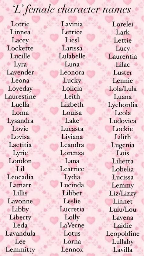 Names for female characters beginning in the letter ‘L’. Name Art Aesthetic, Unique Women Names, M Female Names, Female Last Names, L Names For A Girl, Pretty Last Names For Characters, Vintage Female Names, Female Oc Names, L Names For Girls