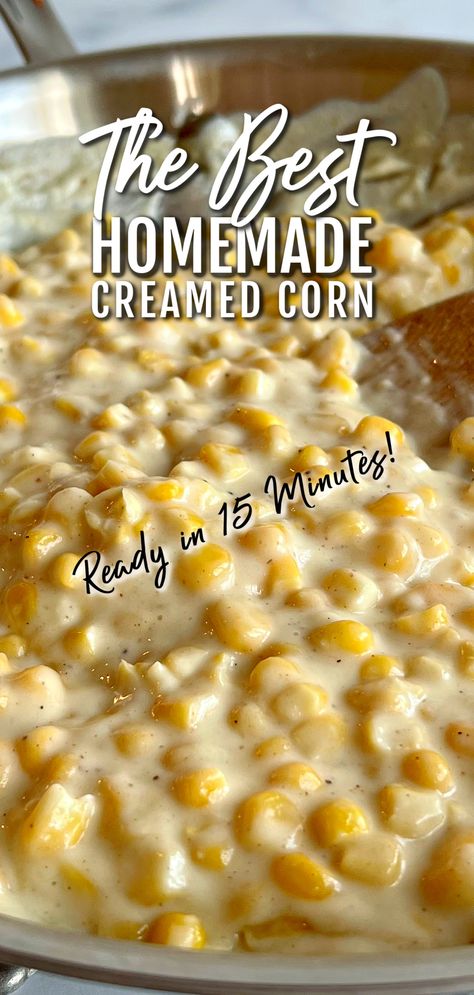 This image show creamed corn cooked in a skillet, ready to serve. Creamed Corn Recipe With Cream Cheese, Creamed Corn Recipe Easy, Homemade Creamed Corn, Homemade Cream Corn, Creamed Corn Recipe, Corn Recipes Side Dishes, Cream Cheese Corn, Corn Side Dish, Easy Summer Side Dishes