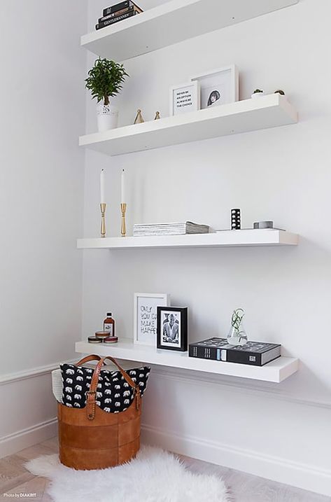 If you're trying to figure out how to organize a small bedroom on a budget, these 12 ingenious ways tips and tricks will get you there in no time! Bedroom Shelf Design, Simple White Desk, Toilets Ideas, White Desk With Drawers, Lack Shelf, Corner Shelf Ideas, Ikea Lack Shelves, Office Shelves, Floating Shelves Bedroom