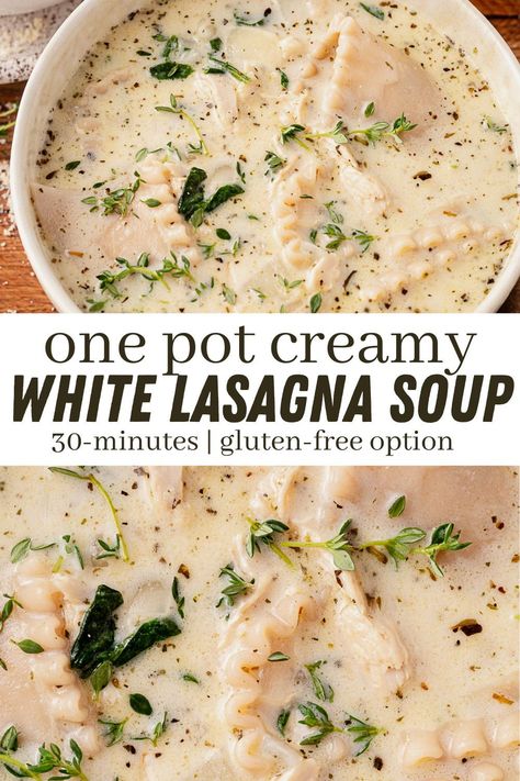 Nordic Lasagna Soup, Comfy Soup Recipes, White Soup Recipes, White Lasagna Soup Crock Pot, Carnivore Soup, Creamy White Lasagna Soup, Spinach Meals, White Chicken Lasagna Soup, White Lasagna Soup