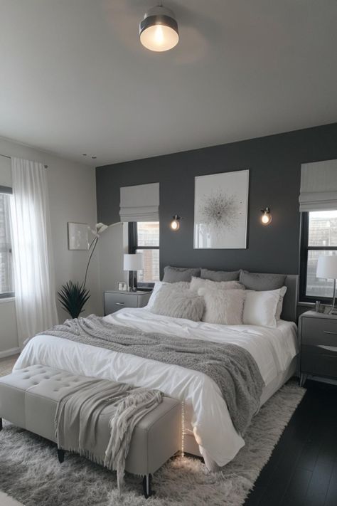 Grey Room With Accent Color, Black Bed Minimalist Bedroom, Grey And White Furniture Bedroom, Grey Room With White Furniture, Bedroom Idea Simple, White Room With Grey Accent Wall, Bedroom Decor Grey And White, White Grey Home Interior, Simple Black And White Bedroom Ideas