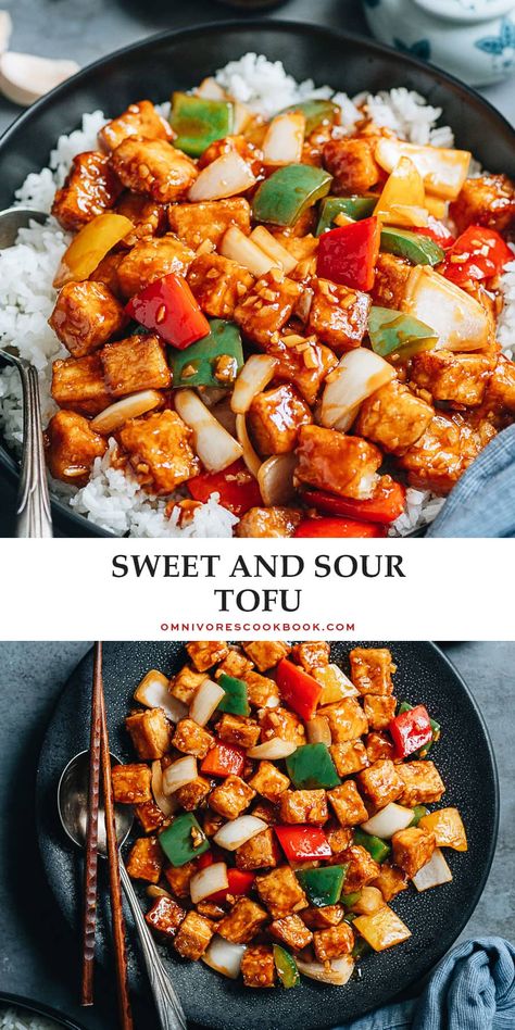 Extra crispy sweet and sour tofu served with crunchy, colorful vegetables and a rich, sticky sauce makes a delicious Chinese dinner! The result is so good that you won’t want to order takeout again. {Vegetarian, Vegan, Gluten-Free Adoptable} Tofu Dinner Recipes, Asian Potluck, Sweet And Sour Tofu, Vegetarian Asian, Sticky Sauce, Asian Dinner, Chinese Dinner, Dinner Favorites, Asian Dinners