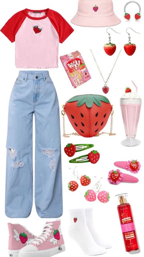 #strawberry #strawberrygirl #strawberryaesthetic #preppy #preppyaesthetic #preppies Uwu Aesthetic Outfit, Strawberry Clothing Aesthetic, Kawaii Style Aesthetic, Fruit Outfit Aesthetic, Cute Strawberry Clothes, Strawberry Shortcake Characters Outfit Inspiration, Food Themed Outfits, Watermelon Inspired Outfit, Cute Strawberry Outfit