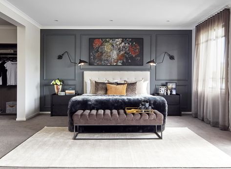 master bedroom feature wall mouldings on dark wall behind headboard Wall Behind Bed, Upholstered Wall Panels, Feature Wall Bedroom, Gray Walls, Bedroom Wall Designs, Wall Molding, Large Bedroom, Wallpaper Bedroom, Wall Ideas