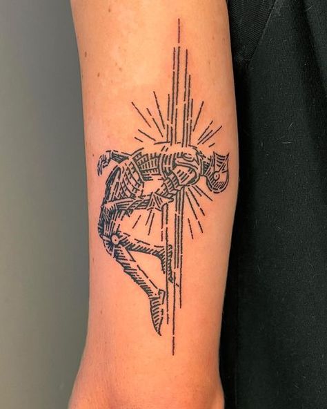 Woodcut Art Tattoo, The Green Knight Tattoo, 10 Of Swords Tattoo, Cross Ideas Tattoos, Midevil Woodcut Tattoos, Medieval Forearm Tattoo, Wood Carving Tattoo Style, Medieval Hand Tattoo, Medieval Lion Tattoo