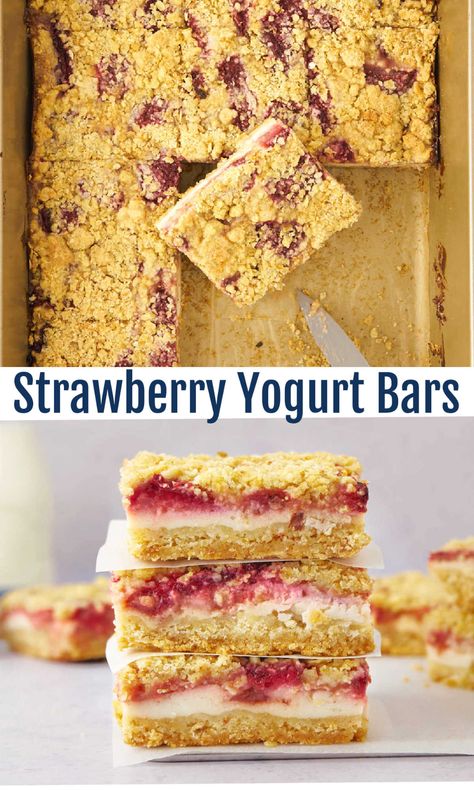 Stack of strawberry yogurt bars with butter oat crumble crust, creamy white yogurt layer and fresh sliced strawberries. Baking With Vanilla Yogurt, Yoghurt Cereal Bars, Yogurt Oatmeal Bars, Things To Make With Strawberry Yogurt, Leftover Plain Yogurt Recipes, Strawberry And Yogurt Recipes, Dessert Recipes With Yogurt, What To Make With Yogurt, Yogurt Recipes Dessert