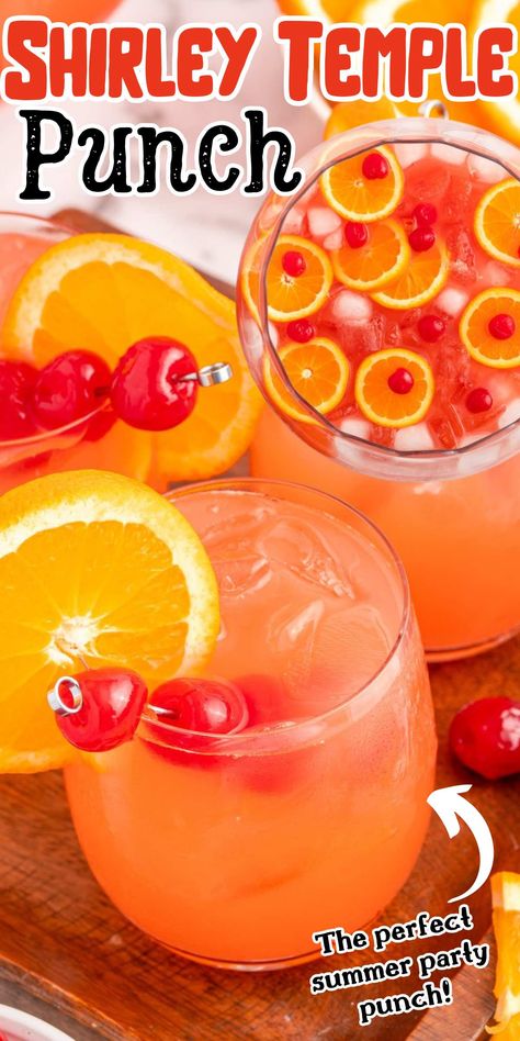 Shirley Temple Punch gives the classic Shirley Temple mocktail a multi-serving makeover. The perfect nonalcoholic party punch recipe for holidays, summer parties, and pot-lucks! Drinks For Parties Nonalcoholic, Luau Punch Non Alcoholic, Lemonade Mixed Drinks Non Alcoholic, Shirley Temple Board Night, Mocktails For Parties, Drink Ideas For Party Nonalcoholic, Orange Non Alcoholic Punch, Pool Drinks Nonalcoholic, None Alcoholic Punch