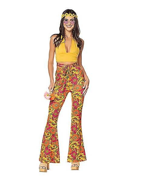 Adult Yellow Flower Bell Bottom Pants - Spirithalloween.com Retro Outfits 70s Hippie, 70’s Fashion Hippie, 70s Fashion Pants, 70s Themed Outfits, Hippie Outfits 70s, 70s Outfits Party, Cute Hippie Outfits, 70s Party Outfit, Hippy Costume