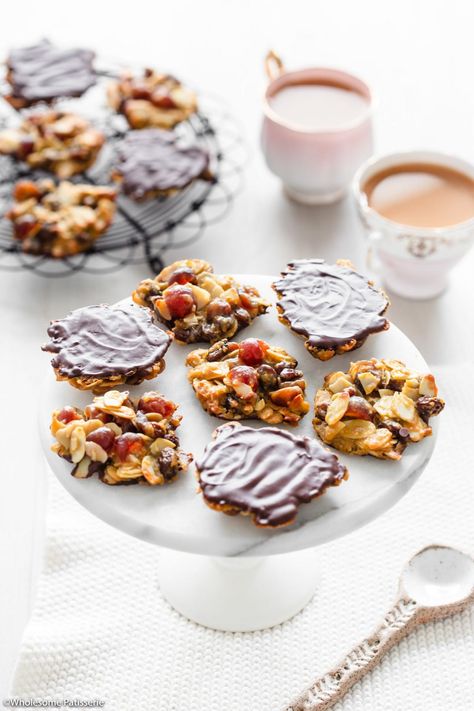 Almond Florentines - Wholesome Patisserie Chewy Biscuits, Festive Cookie Recipes, Florentines Recipe, Lace Cookies, Glace Cherries, White Chocolate Cookies, Slices Recipes, Golden Syrup, Biscuit Cookies