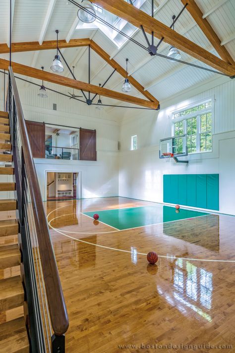 Barn for a personal indoor basketball court.   MGa | Marcus Gleysteen Architects, Photo by Richard Mandelkorn Home Basketball Court, Basketball Room, Indoor Basketball Court, Indoor Basketball, Dream Life House, Barndominium Floor Plans, Home Gym Design, Dream House Rooms, Metal Building Homes