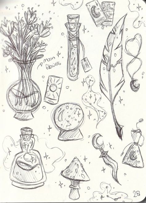 Old Vintage Drawings, Halloween Pen Drawings, Magical Sketches, Simple Pen Sketches, Dreamy Sketches, Random Objects To Draw, Vintage Drawing Ideas, Fantasy Doodles, Witch Sketch