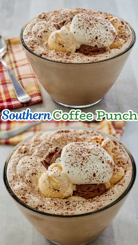 Southern coffee punch is great for showers, brunches, book clubs and more. It is a fun sweet coffee based drink that is perfect for a party! Cold Coffee Punch Recipe, Coffee Punch With Kahlua, Coffee Punch Recipes With Ice Cream, Christmas Coffee Punch, Coffee Punch With Ice Cream, Cappuccino Punch, Coffee Punch Recipes, Mocha Punch Recipe, Coffee For A Crowd