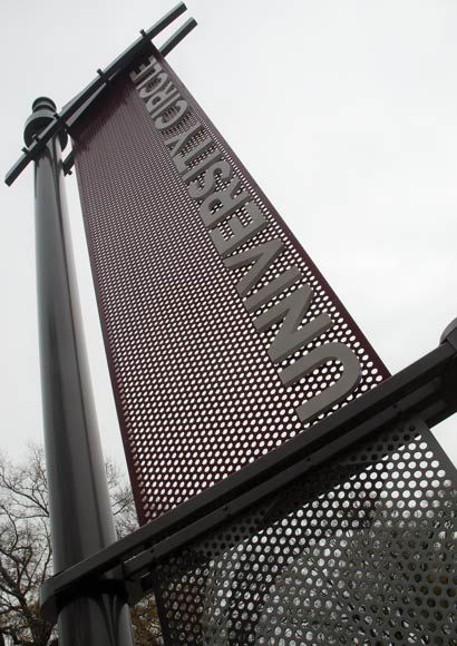 University Circle Landmark ID, punched metal dimensional letters Modern Signage, Pylon Signage, Signage Board, Architectural Signage, Monument Signs, Metal Signage, Retail Signage, Sign Board Design, Shop Signage