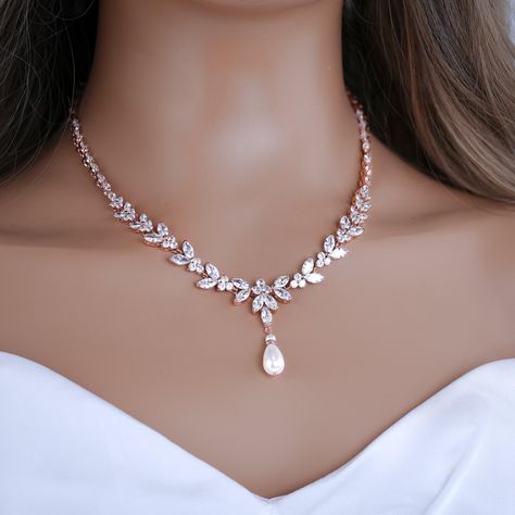 Pearl Bridal Necklace Set Pearl Wedding Jewelry Rose Gold Pearl Necklace Pearl Bridal Necklace Set Drop Earrings Crystal Pearl Necklace - Etsy Pearl And Rhinestone Necklace, Necklaces For The Bride, Wedding Jewelry Gold Set, Formal Jewelry Ideas, Bride Jewelry Ideas, Wedding Necklaces For Bride, Wedding Jewelry Ideas For Bride, Bride Accessories Jewelry, Wedding Necklace Gold