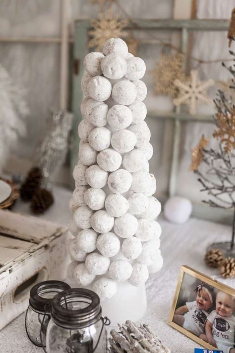 Winter 1 Derland Birthday Party, Winter Birthday Centerpieces, Timbit Tower, Rustic Winter Birthday Party, Snow Fun To Be One Birthday, Winter Onederland Activities, Boho Winter Party, Walking In A Winter Onederland, Winter Onederland Treats